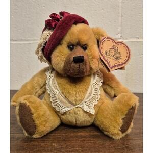 Heartfelt Collectibles Vintage Teddy Bear with Burgundy Hat and Lace Collar